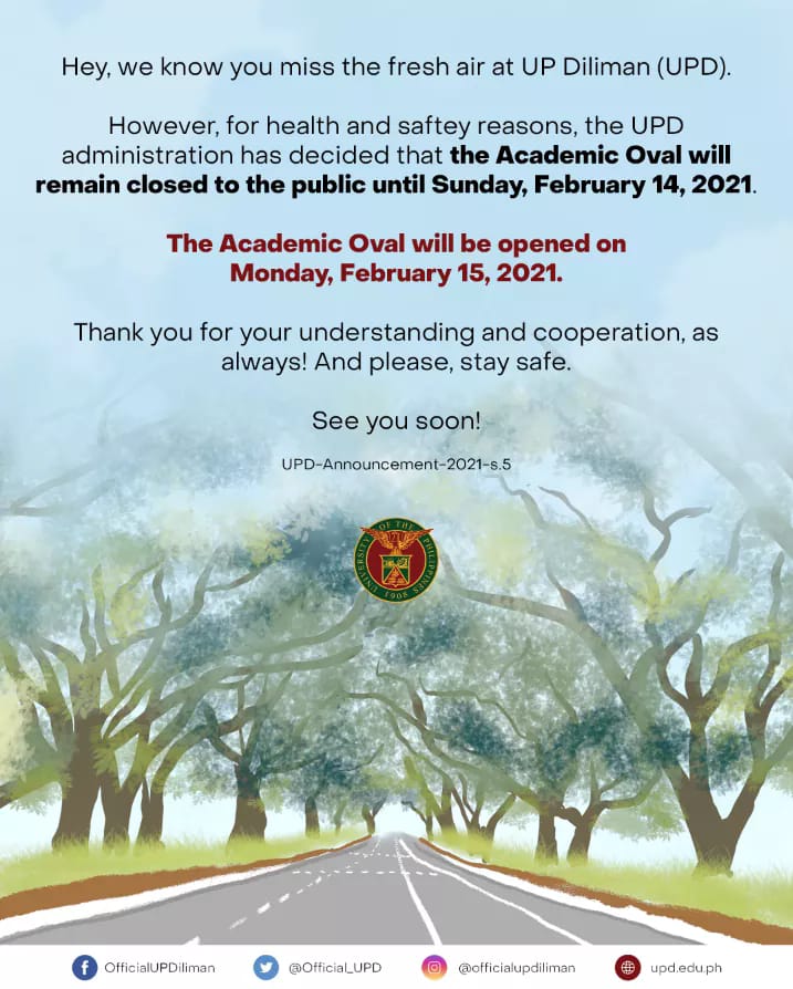 The UP Academic Oval is closed until 14 February 2021